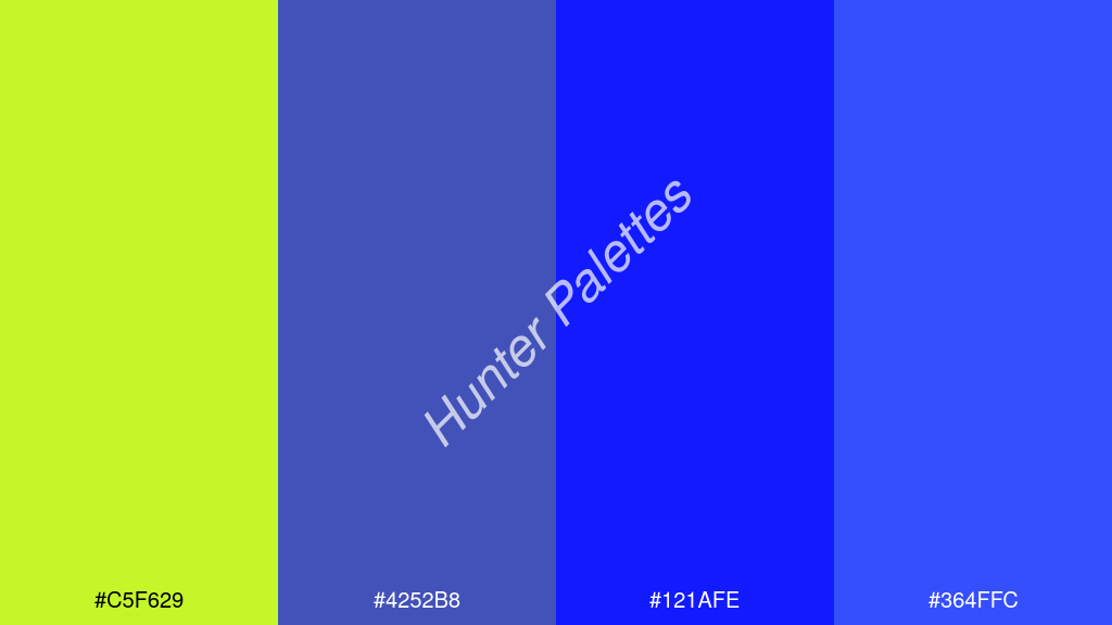 kék szín palettája a következőkkel: #c5f629 #4252b8 #121afe #364ffc