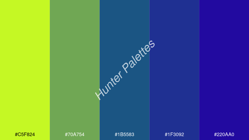 Capri kék szín palettája a következőkkel: #c5f824 #70a754 #1b5583 #1f3092 #220aa0