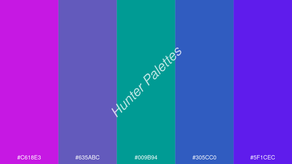 kékzöld szín palettája a következőkkel: #c618e3 #635abc #009b94 #305cc0 #5f1cec