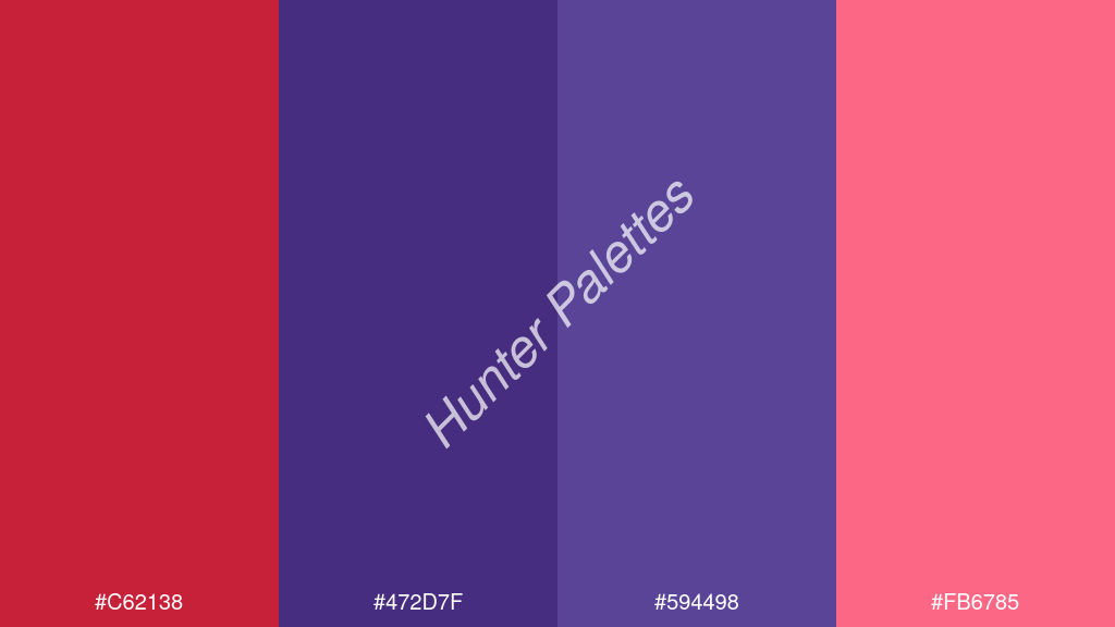 királykék szín palettája a következőkkel: #c62138 #472d7f #594498 #fb6785