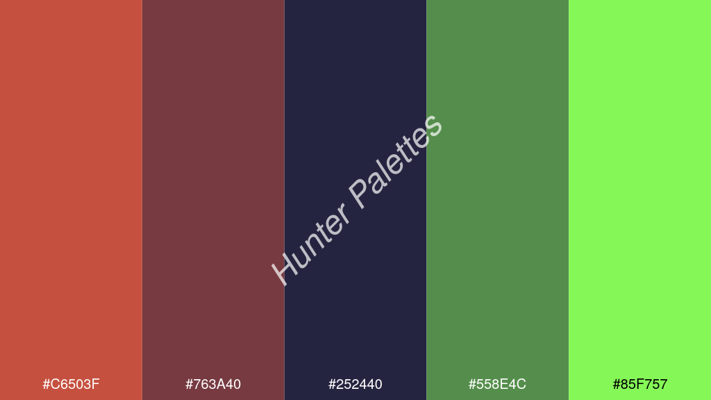 tengerészkék szín palettája a következőkkel: #c6503f #763a40 #252440 #558e4c #85f757