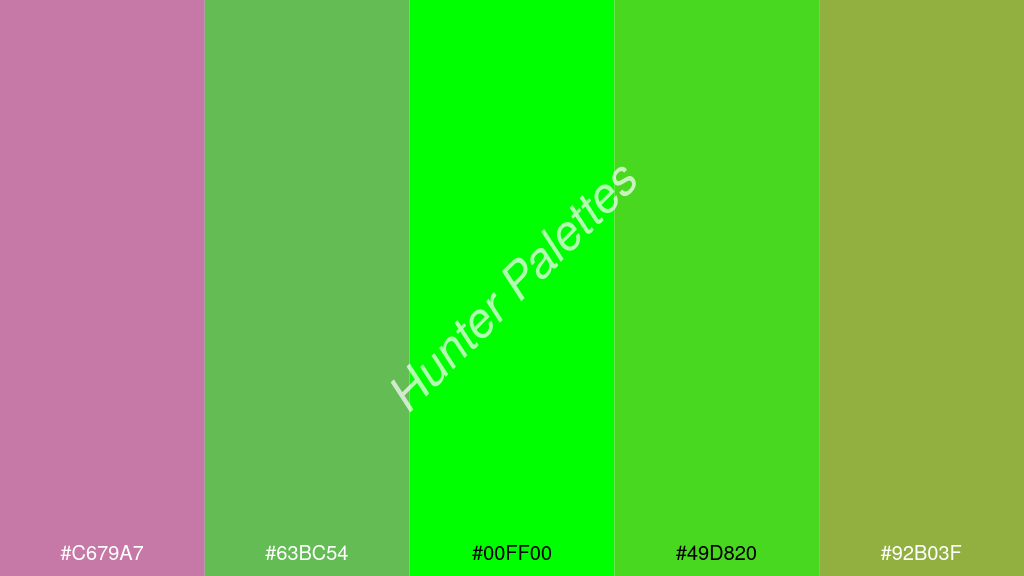 zöld szín palettája a következőkkel: #c679a7 #63bc54 #00ff00 #49d820 #92b03f