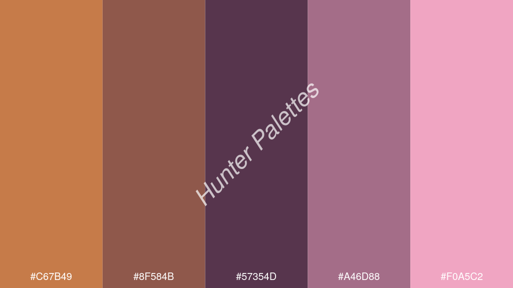 szilva szín palettája a következőkkel: #c67b49 #8f584b #57354d #a46d88 #f0a5c2