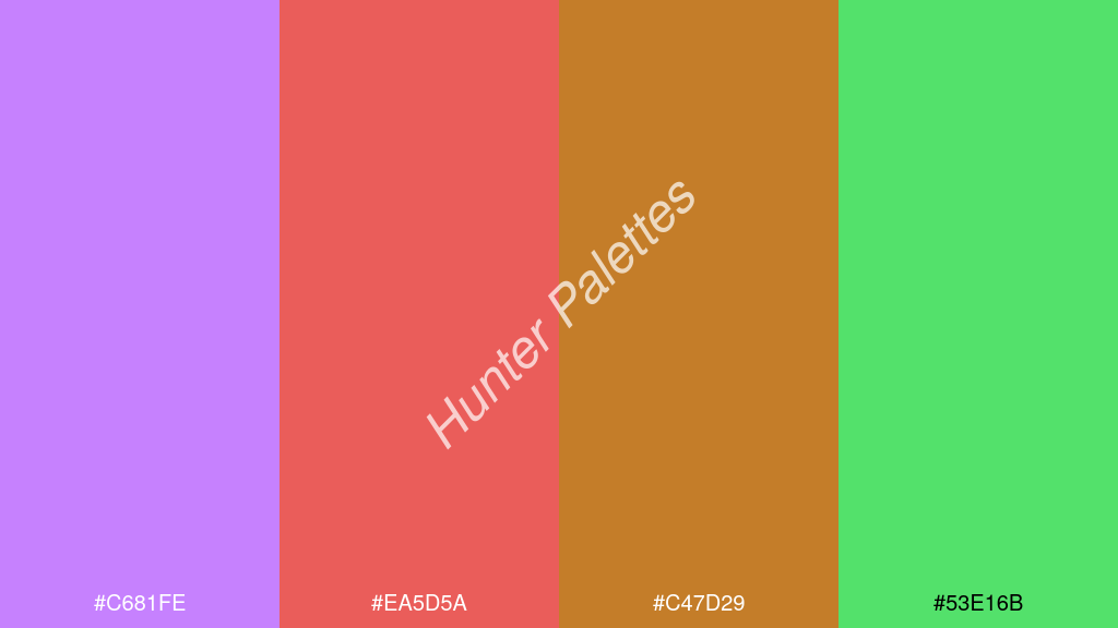 fluoreszkáló narancs szín palettája a következőkkel: #c681fe #ea5d5a #c47d29 #53e16b