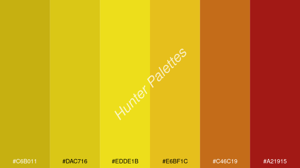 kanárisárga szín palettája a következőkkel: #c6b011 #dac716 #edde1b #e6bf1c #c46c19 #a21915