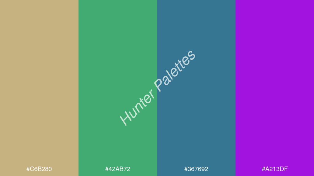 jáde szín palettája a következőkkel: #c6b280 #42ab72 #367692 #a213df