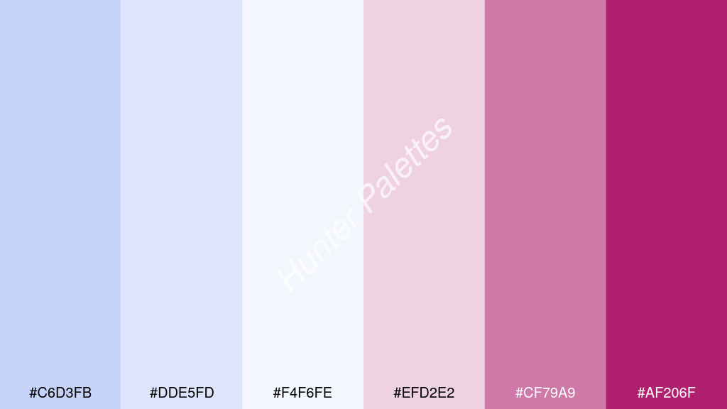 fehér szín palettája a következőkkel: #c6d3fb #dde5fd #f4f6fe #efd2e2 #cf79a9 #af206f