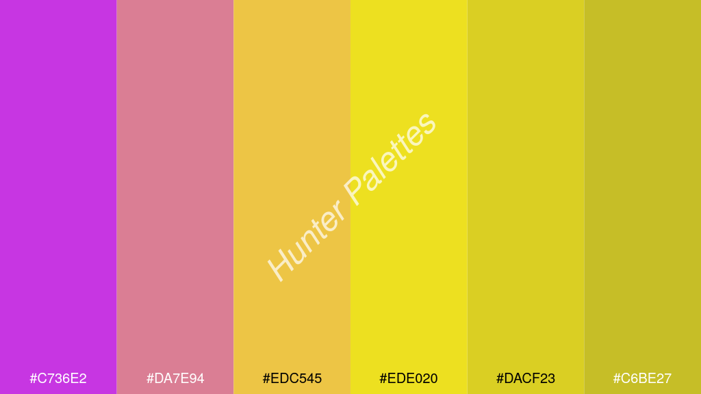 kanárisárga szín palettája a következőkkel: #c736e2 #da7e94 #edc545 #ede020 #dacf23 #c6be27
