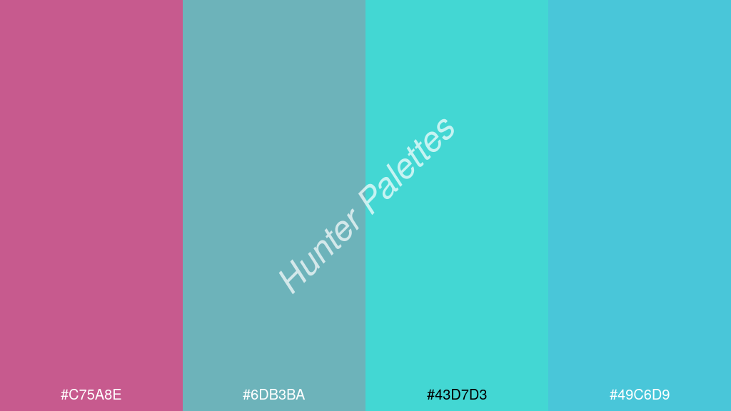 türkiz szín palettája a következőkkel: #c75a8e #6db3ba #43d7d3 #49c6d9