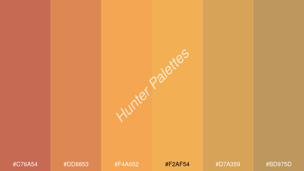 világos narancs szín palettája a következőkkel: #c76a54 #dd8853 #f4a652 #f2af54 #d7a359 #bd975d