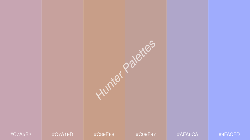 terracotta szín palettája a következőkkel: #c7a5b2 #c7a19d #c89e88 #c09f97 #afa6ca #9facfd