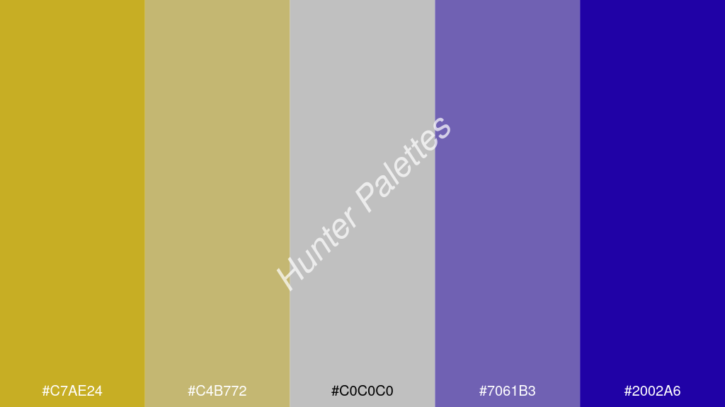 ezüstszürke szín palettája a következőkkel: #c7ae24 #c4b772 #c0c0c0 #7061b3 #2002a6