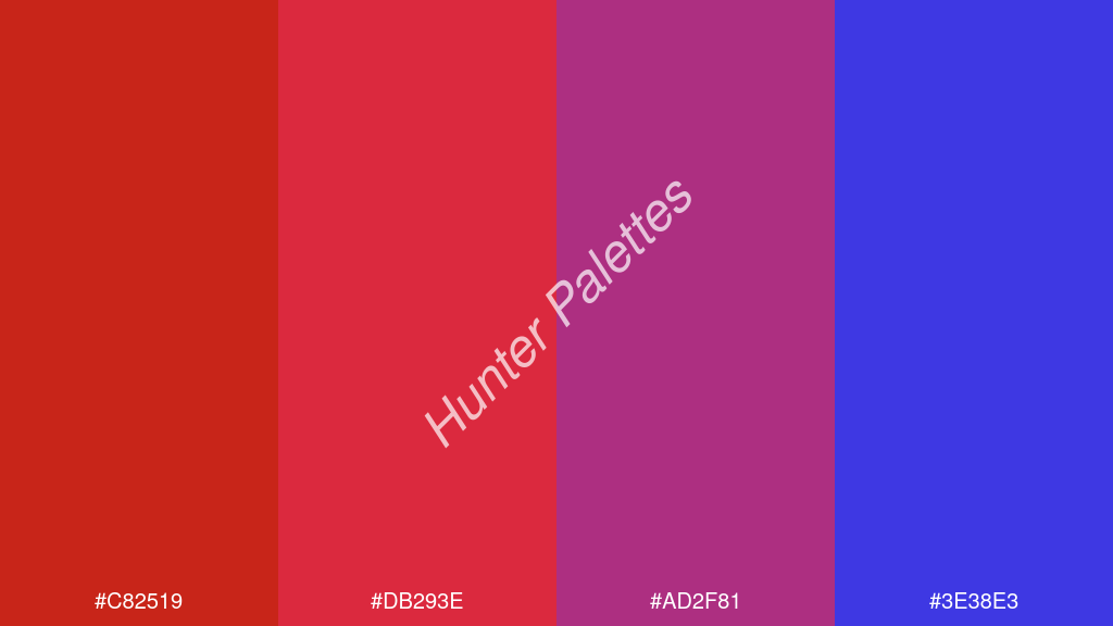 amarant szín palettája a következőkkel: #c82519 #db293e #ad2f81 #3e38e3