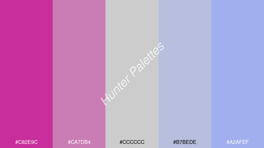 cccccc szín palettája a következőkkel: #c82e9c #ca7db4 #cccccc #b7bede #a2afef