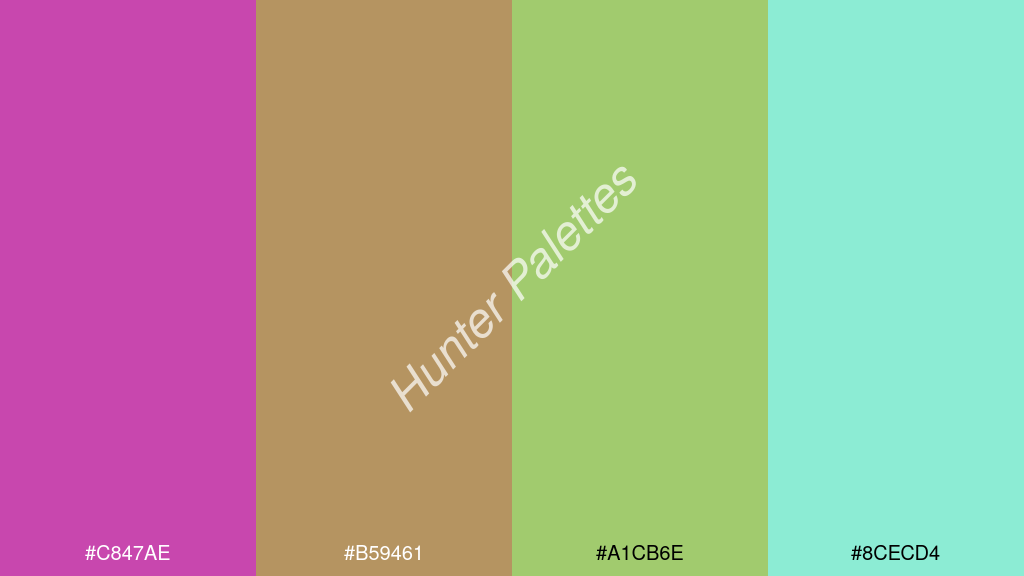kivi szín palettája a következőkkel: #c847ae #b59461 #a1cb6e #8cecd4