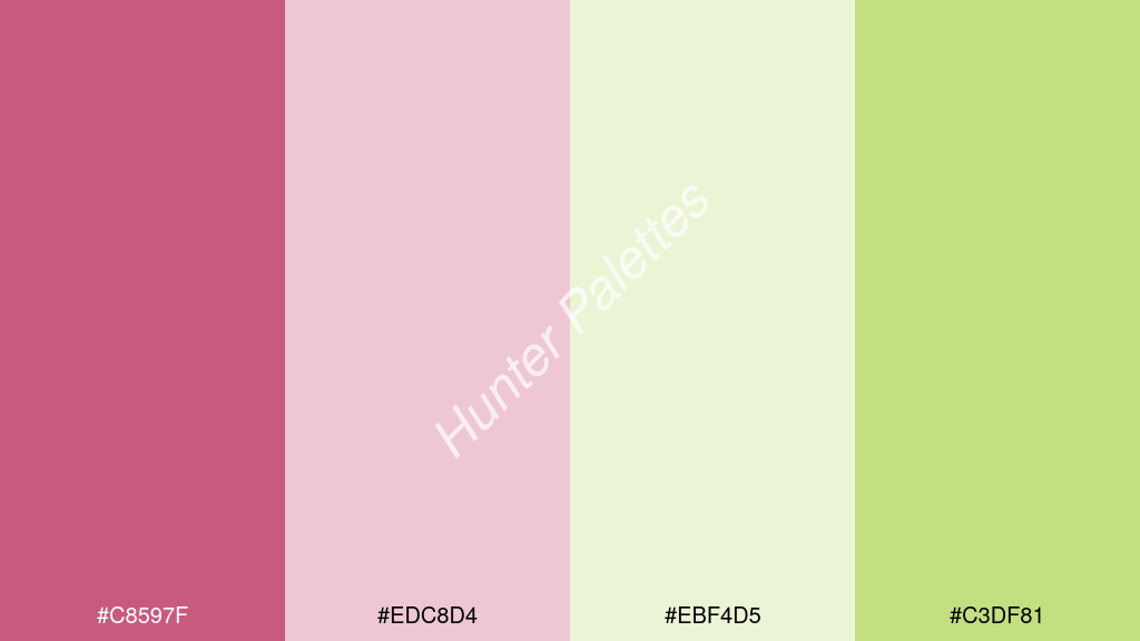 fehér szín palettája a következőkkel: #c8597f #edc8d4 #ebf4d5 #c3df81
