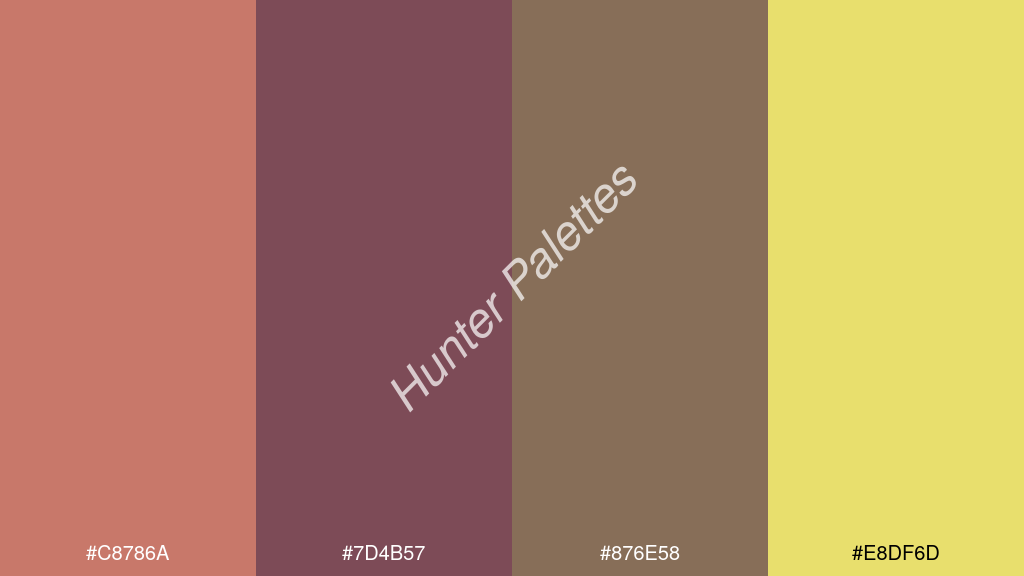 szilva szín palettája a következőkkel: #c8786a #7d4b57 #876e58 #e8df6d