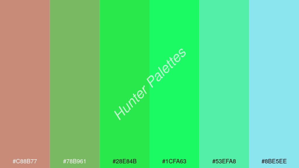 fluoreszkáló zöld szín palettája a következőkkel: #c88b77 #78b961 #28e84b #1cfa63 #53efa8 #8be5ee