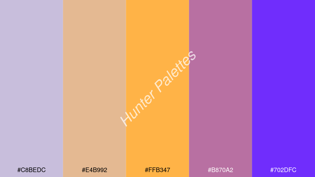 pasztell narancssárga szín palettája a következőkkel: #c8bedc #e4b992 #ffb347 #b870a2 #702dfc