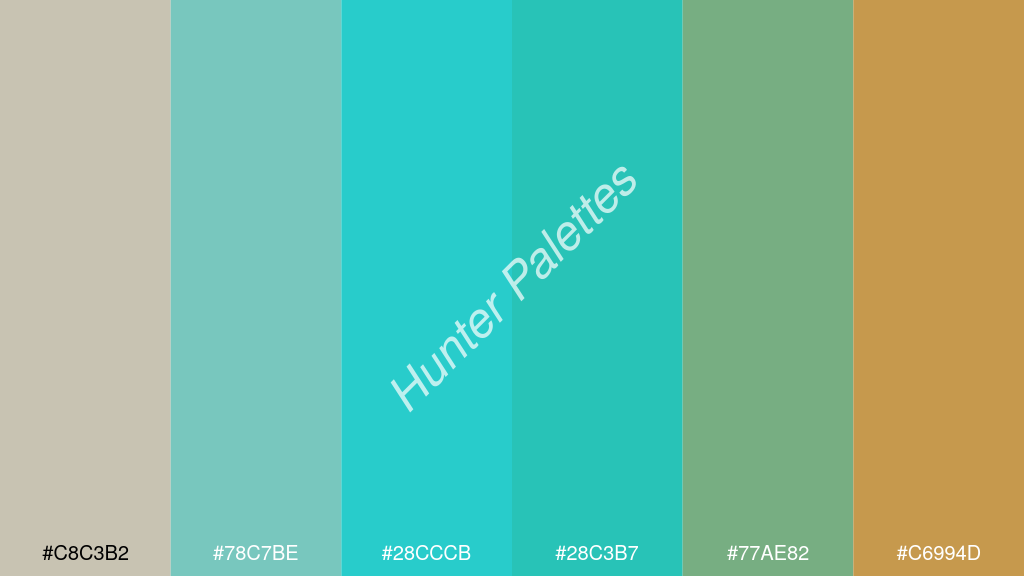 sötét türkiz szín palettája a következőkkel: #c8c3b2 #78c7be #28cccb #28c3b7 #77ae82 #c6994d