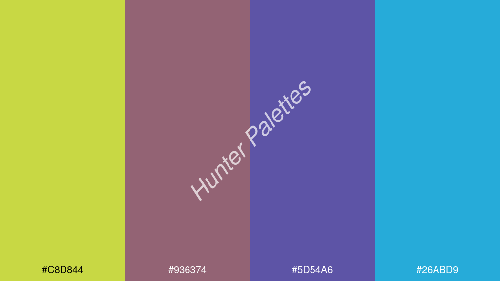 ibolya szín palettája a következőkkel: #c8d844 #936374 #5d54a6 #26abd9