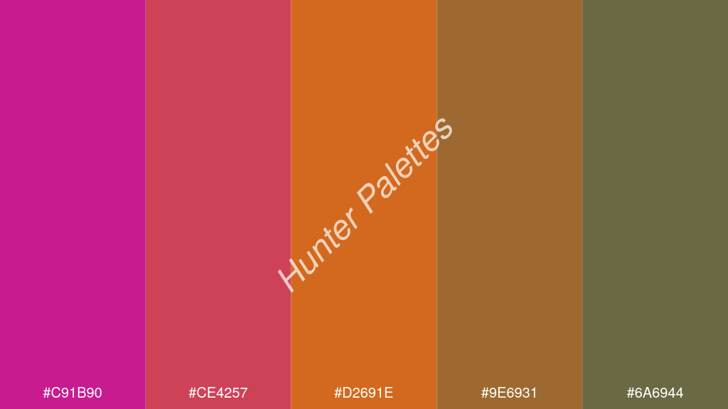 fahéj szín palettája a következőkkel: #c91b90 #ce4257 #d2691e #9e6931 #6a6944