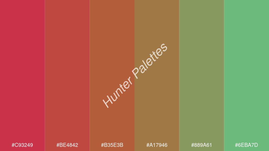 karamell szín palettája a következőkkel: #c93249 #be4842 #b35e3b #a17946 #889a61 #6eba7d