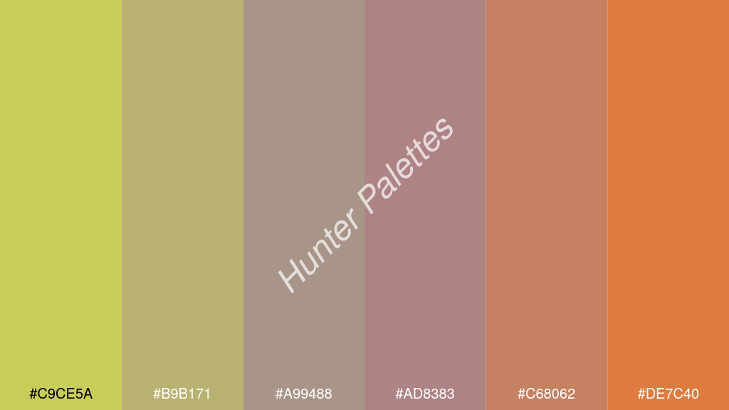 pasztell lila szín palettája a következőkkel: #c9ce5a #b9b171 #a99488 #ad8383 #c68062 #de7c40