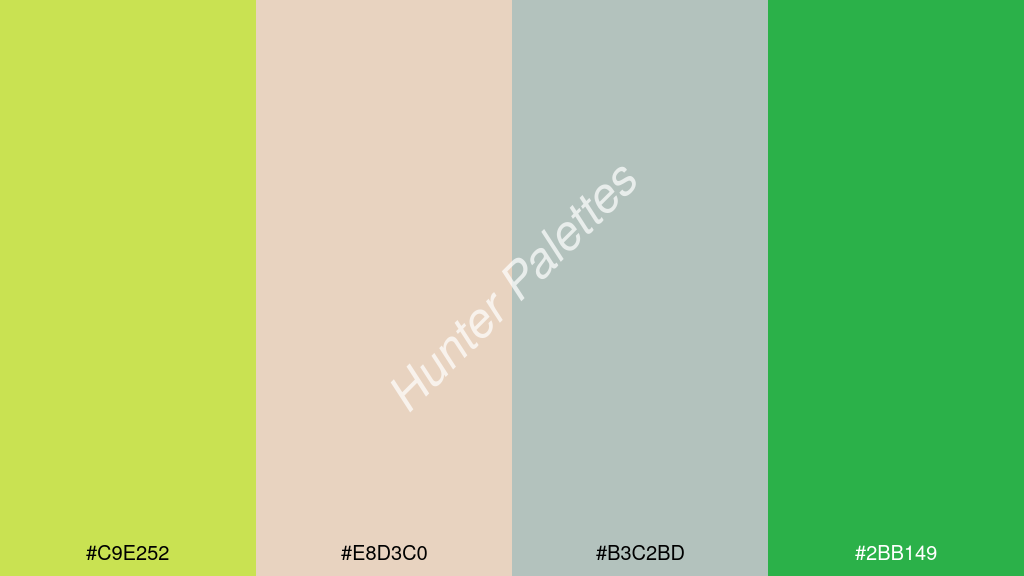 világos rózsaszín szín palettája a következőkkel: #c9e252 #e8d3c0 #b3c2bd #2bb149