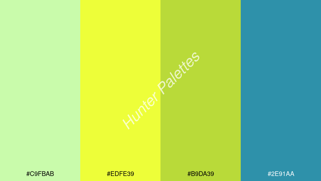 sárga szín palettája a következőkkel: #c9fbab #edfe39 #b9da39 #2e91aa
