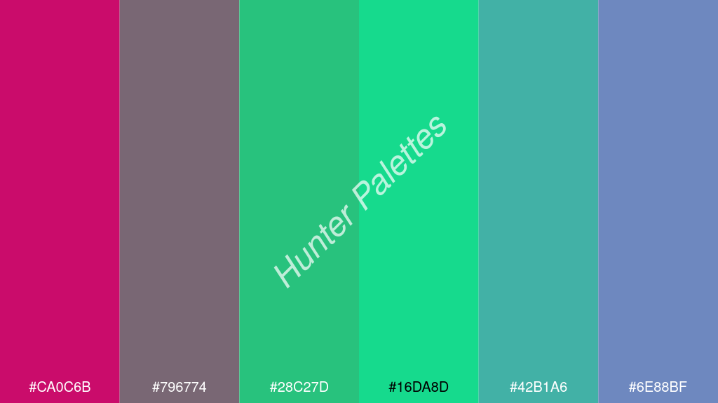 foszforeszkáló zöld szín palettája a következőkkel: #ca0c6b #796774 #28c27d #16da8d #42b1a6 #6e88bf