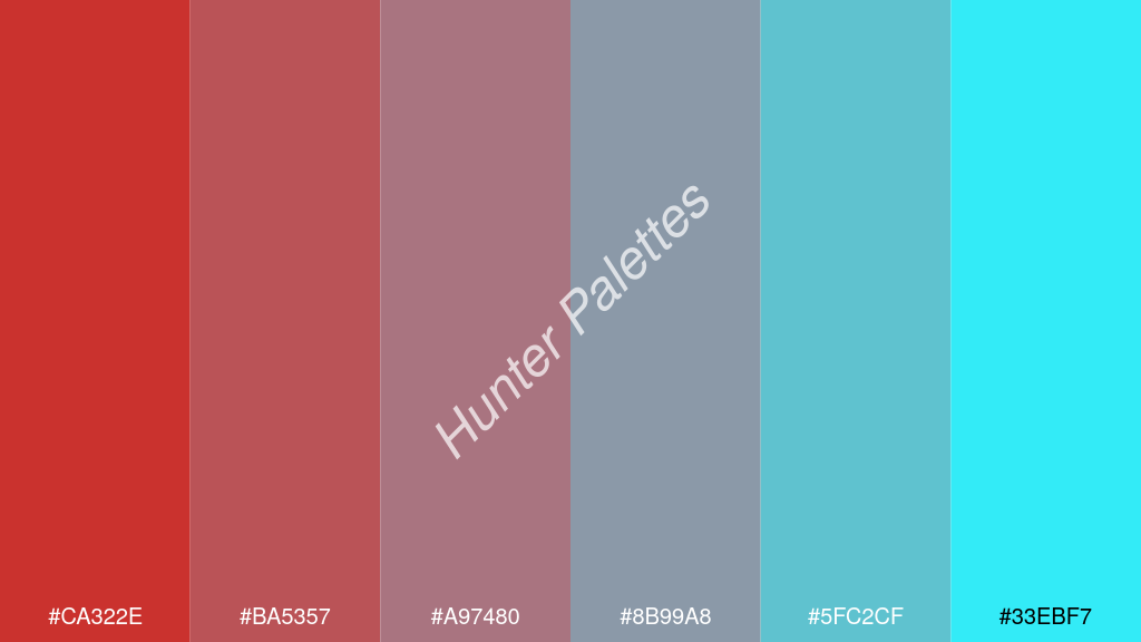 pasztell lila szín palettája a következőkkel: #ca322e #ba5357 #a97480 #8b99a8 #5fc2cf #33ebf7
