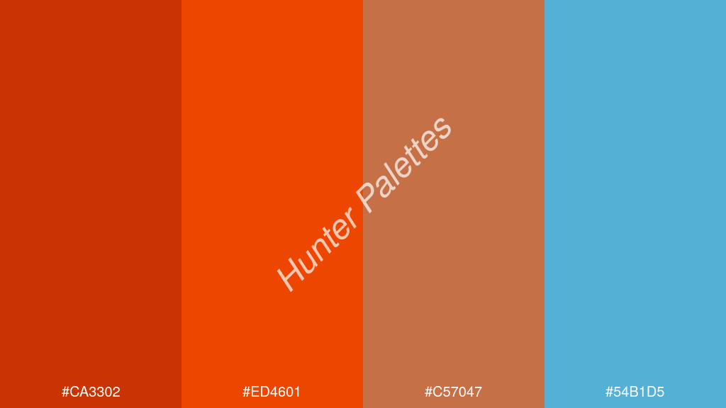 Pantone narancs szín palettája a következőkkel: #ca3302 #ed4601 #c57047 #54b1d5