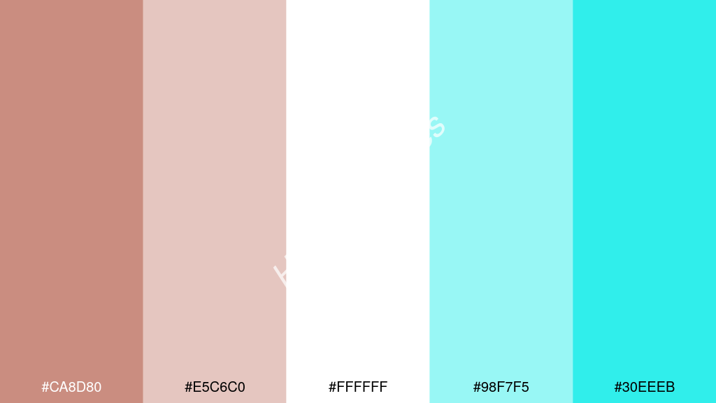 fehér szín palettája a következőkkel: #ca8d80 #e5c6c0 #ffffff #98f7f5 #30eeeb