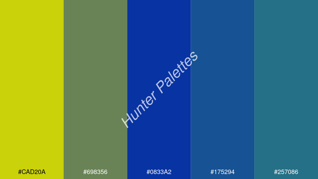 királykék szín palettája a következőkkel: #cad20a #698356 #0833a2 #175294 #257086
