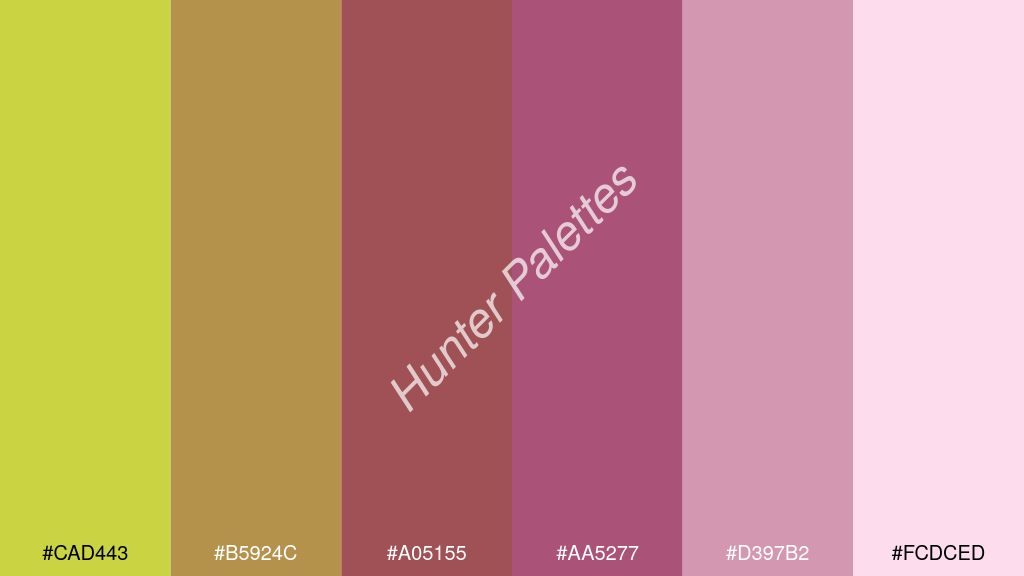 bordó szín palettája a következőkkel: #cad443 #b5924c #a05155 #aa5277 #d397b2 #fcdced