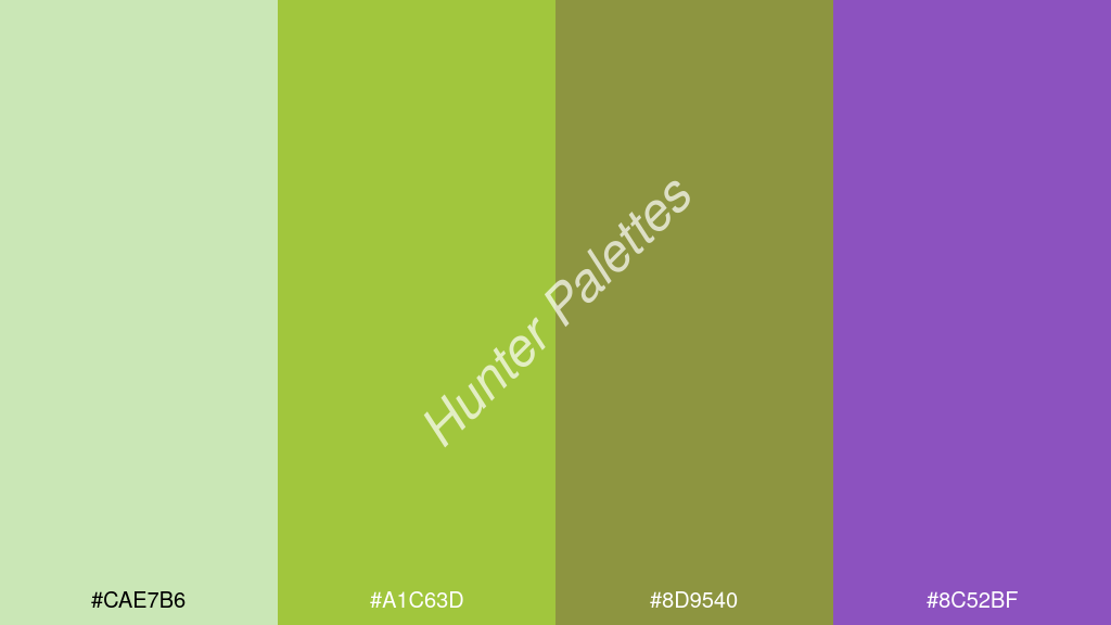 alma zöld szín palettája a következőkkel: #cae7b6 #a1c63d #8d9540 #8c52bf