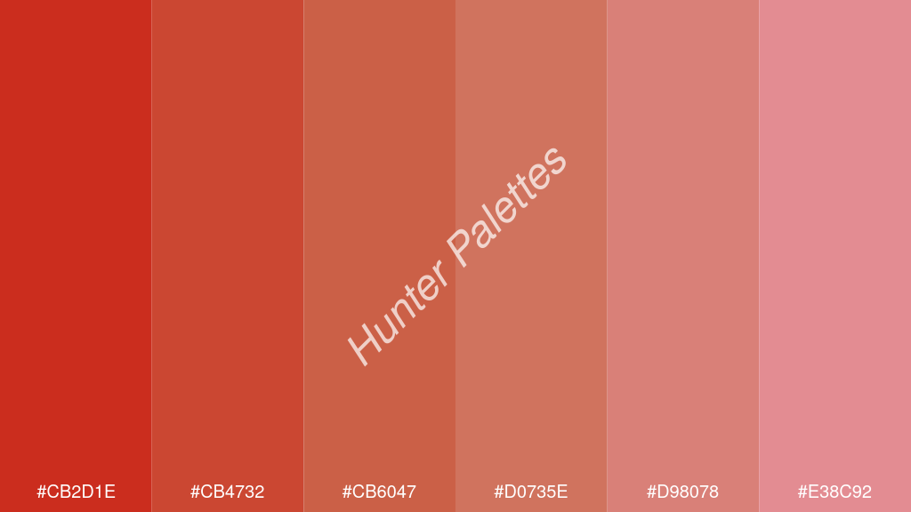 réz szín palettája a következőkkel: #cb2d1e #cb4732 #cb6047 #d0735e #d98078 #e38c92