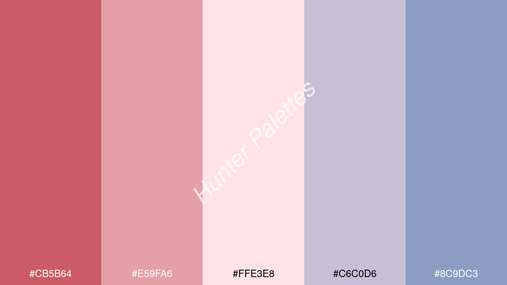 halvány rózsaszín szín palettája a következőkkel: #cb5b64 #e59fa6 #ffe3e8 #c6c0d6 #8c9dc3