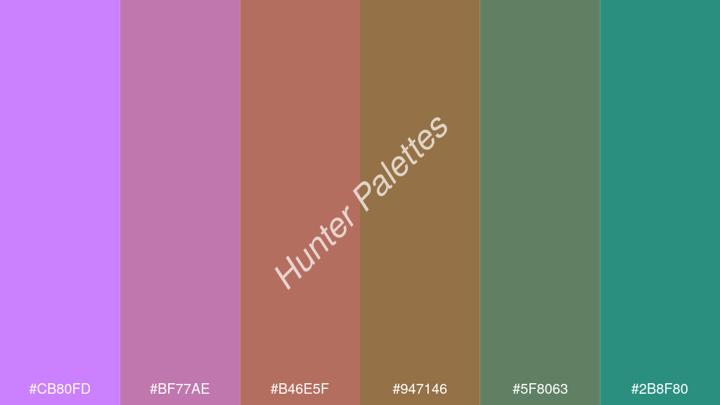 karamell szín palettája a következőkkel: #cb80fd #bf77ae #b46e5f #947146 #5f8063 #2b8f80