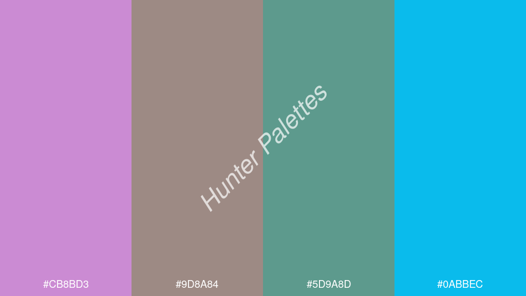olívazöld szín palettája a következőkkel: #cb8bd3 #9d8a84 #5d9a8d #0abbec