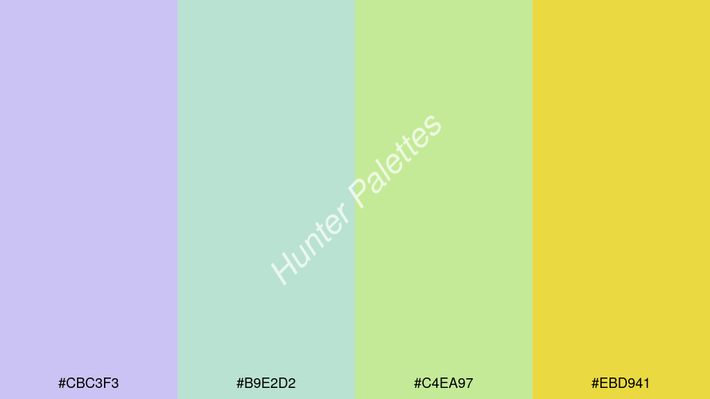 pasztellzöld szín palettája a következőkkel: #cbc3f3 #b9e2d2 #c4ea97 #ebd941