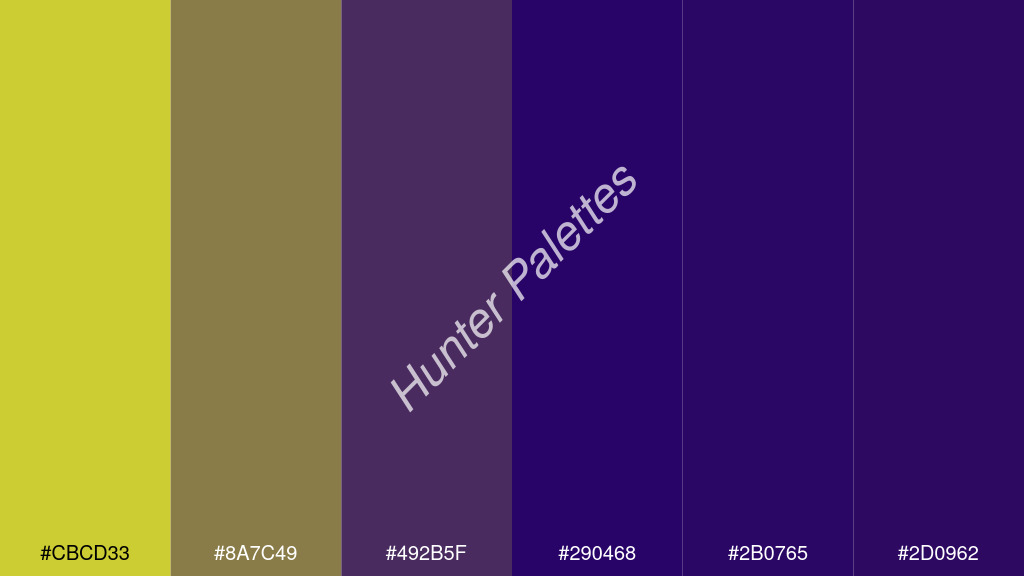 Francia kék szín palettája a következőkkel: #cbcd33 #8a7c49 #492b5f #290468 #2b0765 #2d0962
