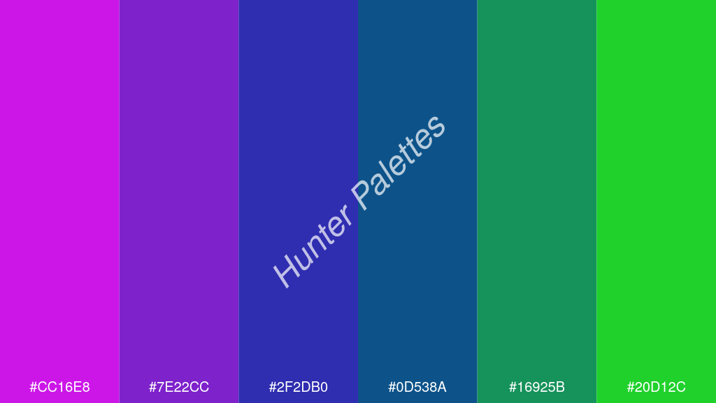 királykék szín palettája a következőkkel: #cc16e8 #7e22cc #2f2db0 #0d538a #16925b #20d12c