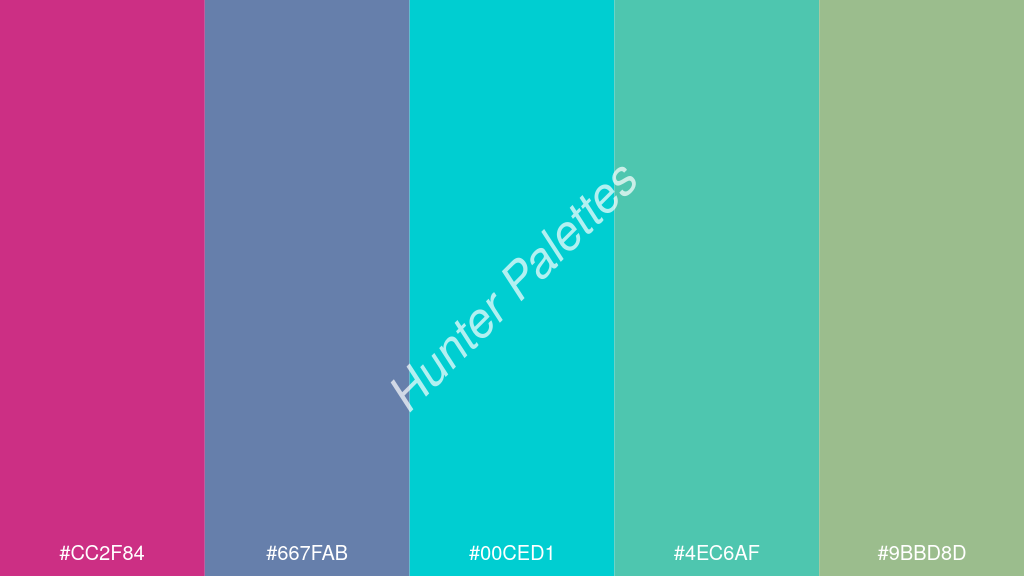 sötét türkiz szín palettája a következőkkel: #cc2f84 #667fab #00ced1 #4ec6af #9bbd8d