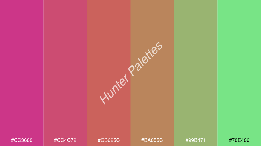 réz szín palettája a következőkkel: #cc3688 #cc4c72 #cb625c #ba855c #99b471 #78e486