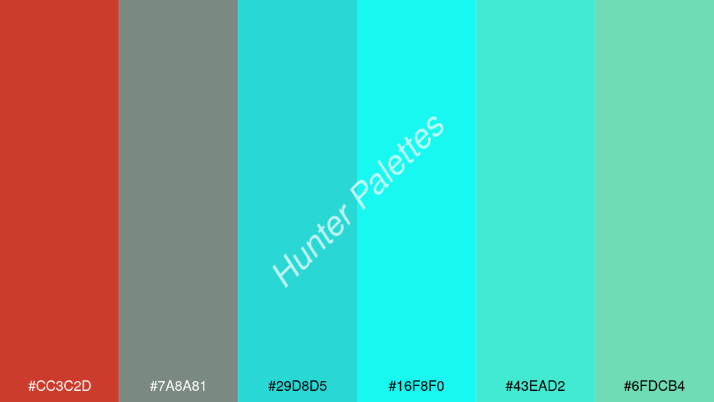 cián szín palettája a következőkkel: #cc3c2d #7a8a81 #29d8d5 #16f8f0 #43ead2 #6fdcb4