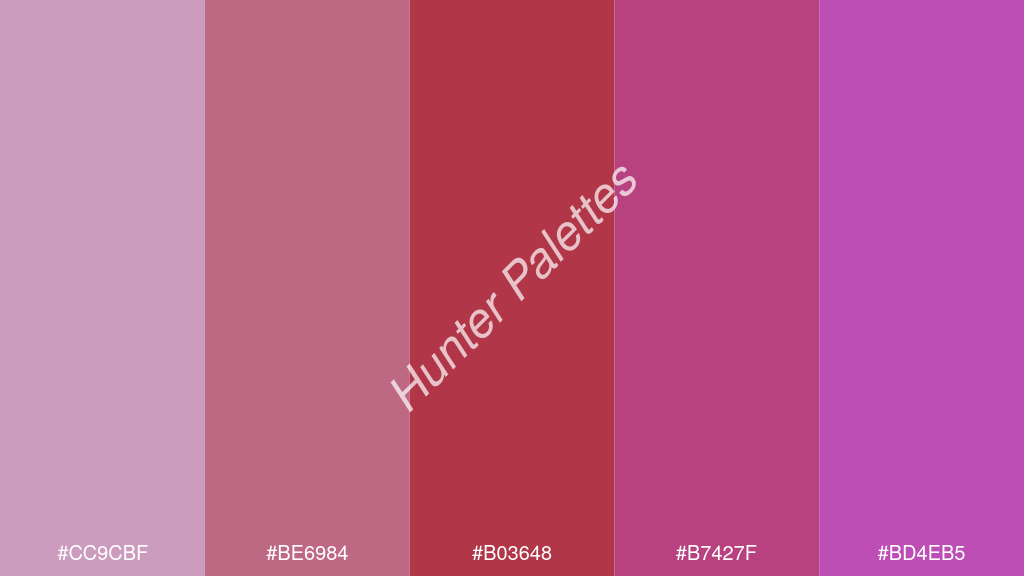 gránát szín palettája a következőkkel: #cc9cbf #be6984 #b03648 #b7427f #bd4eb5