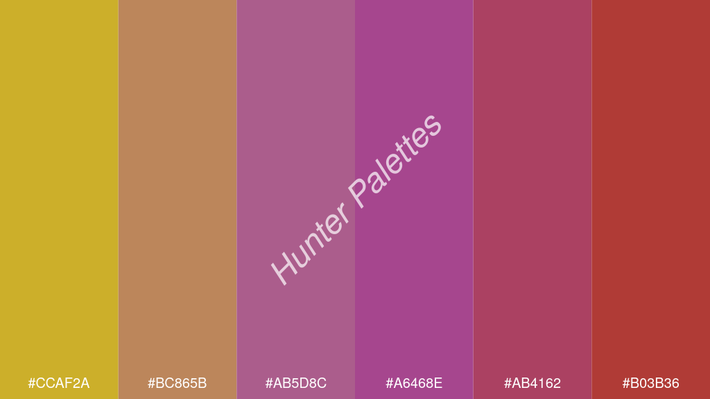 lila szín palettája a következőkkel: #ccaf2a #bc865b #ab5d8c #a6468e #ab4162 #b03b36