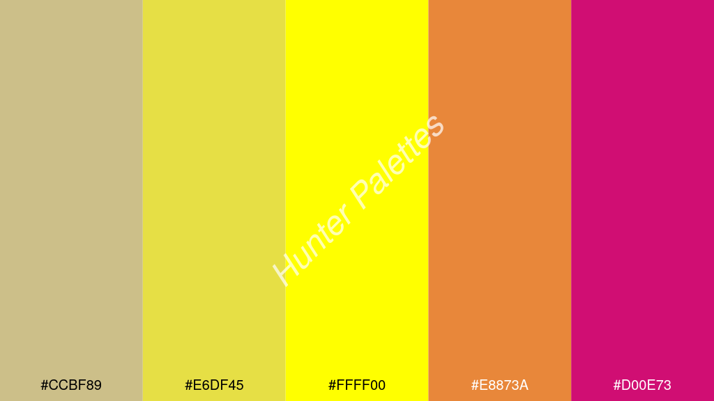 sárga szín palettája a következőkkel: #ccbf89 #e6df45 #ffff00 #e8873a #d00e73